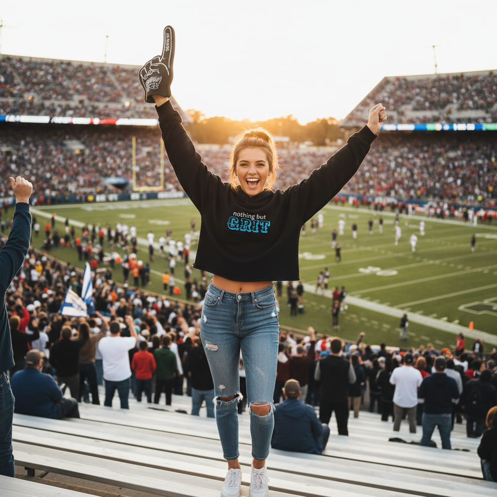 Girl wearing black "nothing but GRIT" crop hoodie at football game