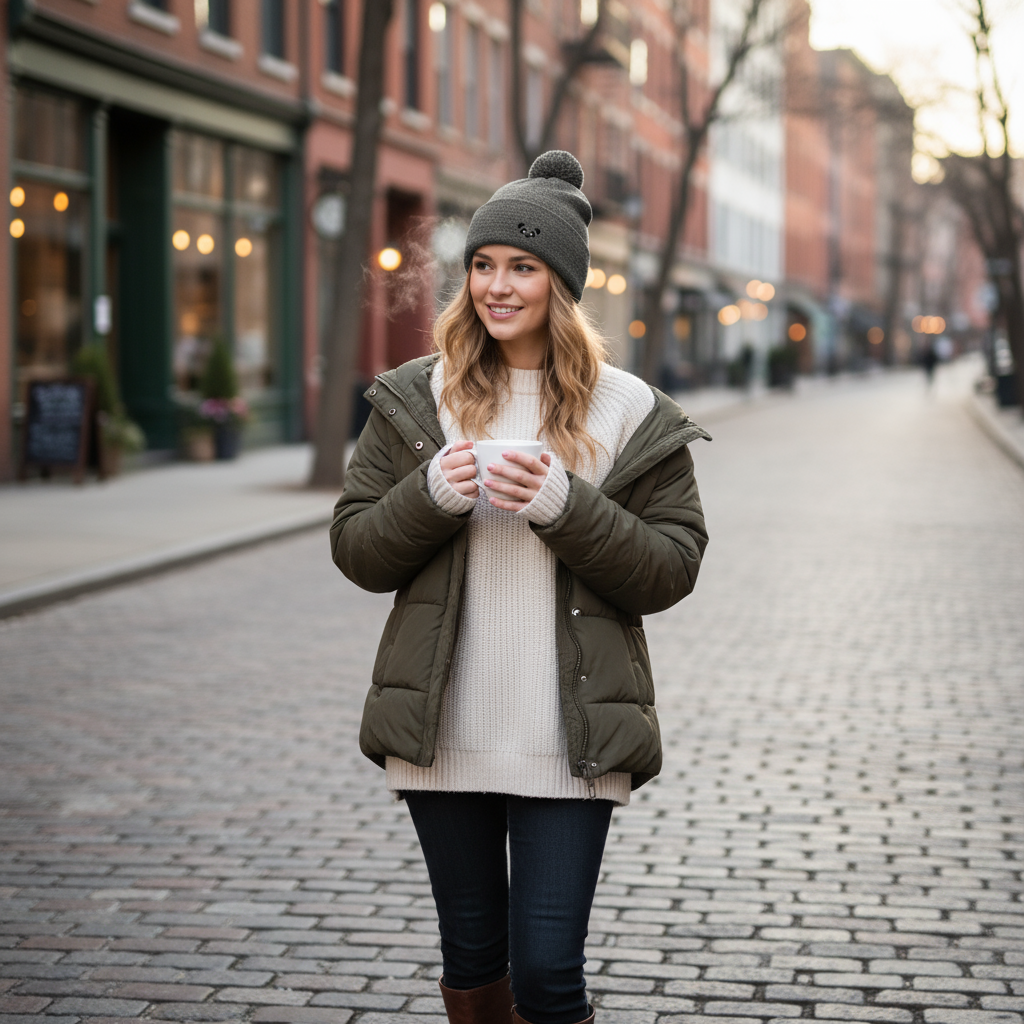 Girl wearing dark gray Lazy Panda pom-pom beanie in realistic setting
