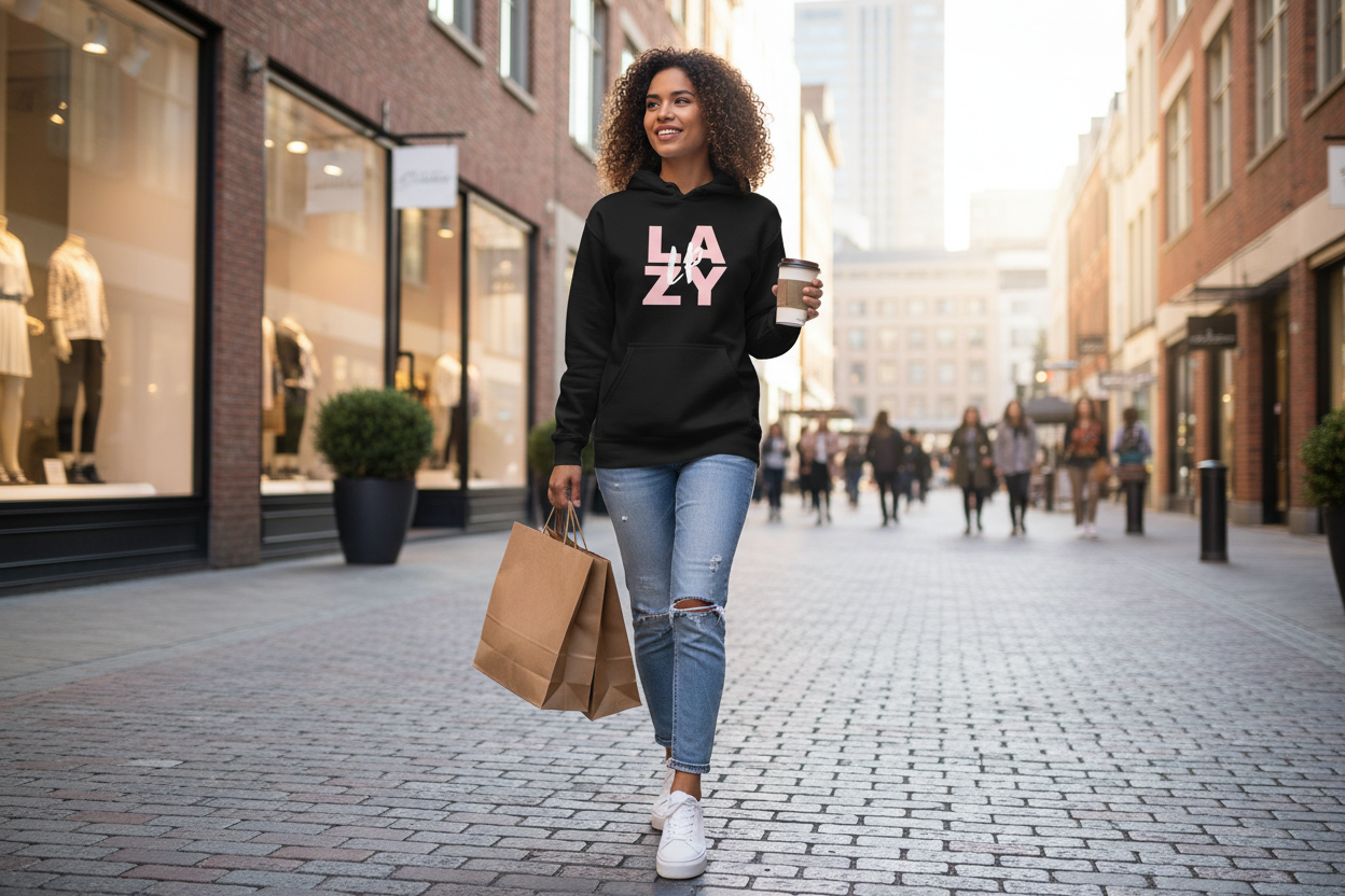 Woman wearing exact black LAZY hoodie while shopping