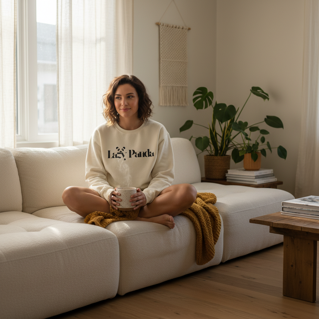 Woman wearing Lazy Panda sweatshirt relaxing on couch with coffee